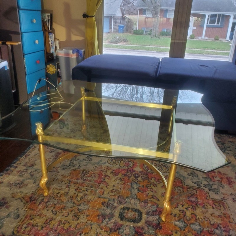 Mid Century Hollywood Regency Brass And Beveled Glass Top Coffee Table
