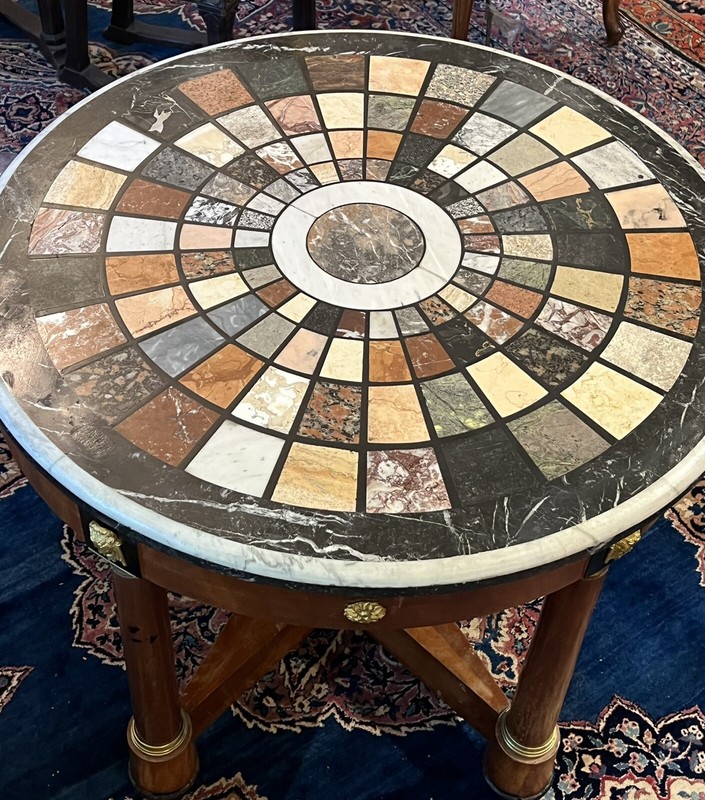 RARE FINE MULTI-GEM INTARSIA TABLETOP ,BRONZE MOUNTS WITH WOODEN BASE DIA=38" gallery