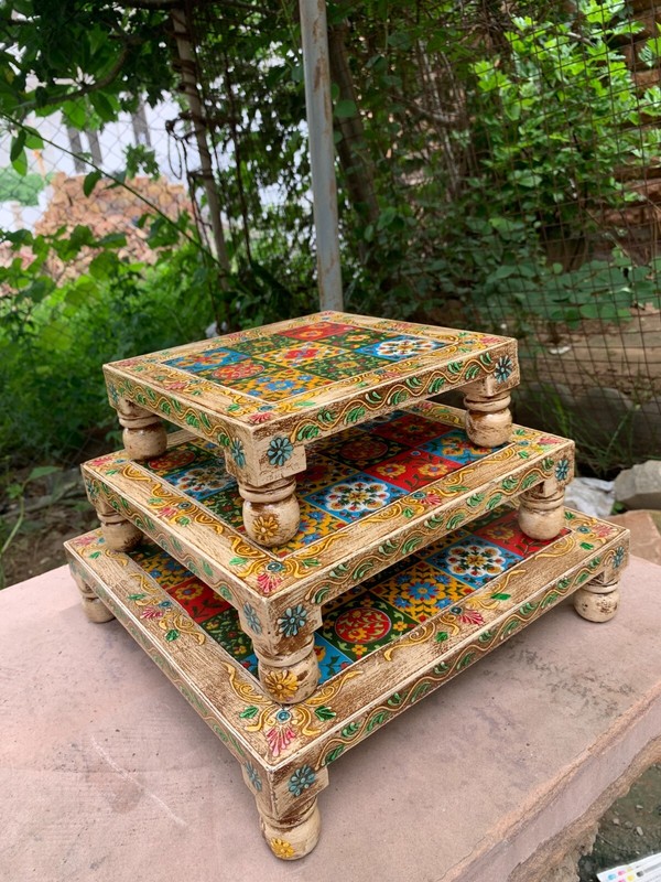 White HandMade Wooden Chowki Set Embossed Antique Design Wooden Table Low Stool gallery