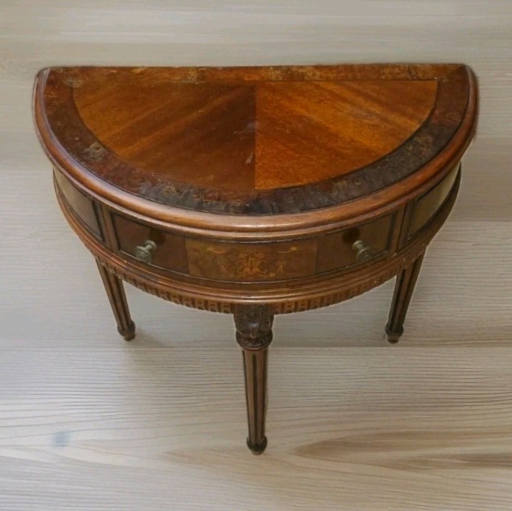 1930’s Waterfall Maple With Walnut Veneer Demi-lune Console Side Table 1 Drawer