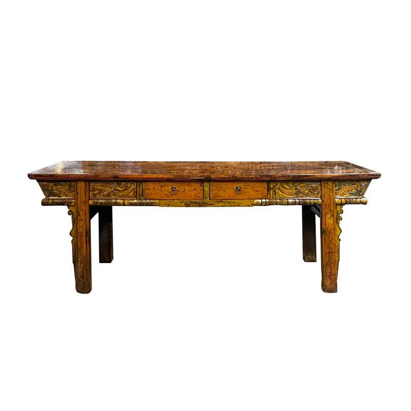 Chinese Vintage Distressed Orange Drawers Long Console Foyer Altar Table cs7570 gallery