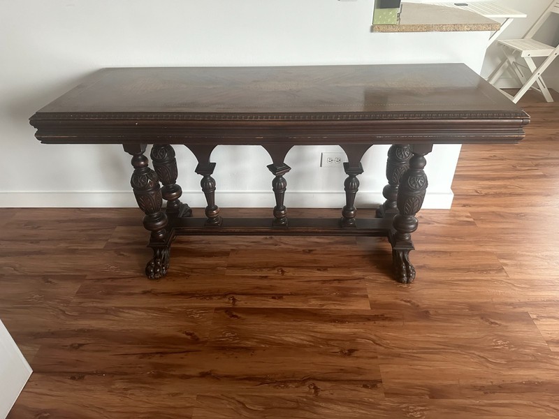 “Seng Chicago” Antique Carved Walnut Console Table / Desk (60″ x 23″ x 30″)