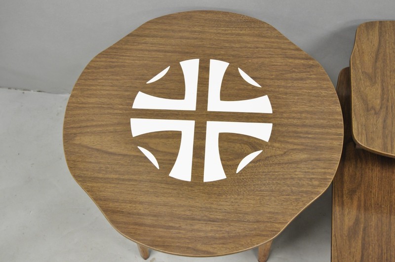 Vintage Mid Century Modern Walnut & Formica Round & Step Side Table Set - 2 pcs gallery