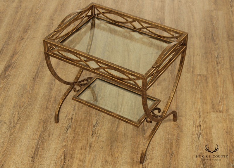 Hollywood Regency Style Wrought Iron and Glass Two Tier Side Table gallery