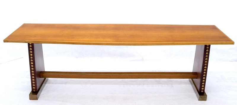 Narrow Long Boat Shape Walnut Dining Harvest Table Studs Leather Brass Decorated gallery