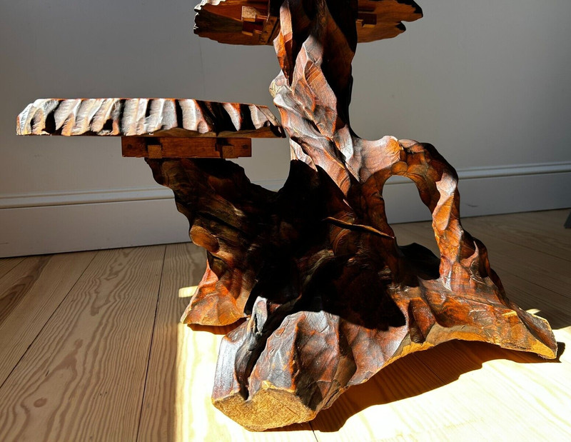 Vtg Large 34" H MCM Japanese Tree Root 3 Tier Hand Carved Wood Side Table/Stand gallery