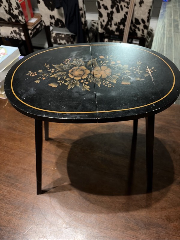 Beautiful L Hitchcock Petite Wood Folding Oval Tea Side Table Black Floral