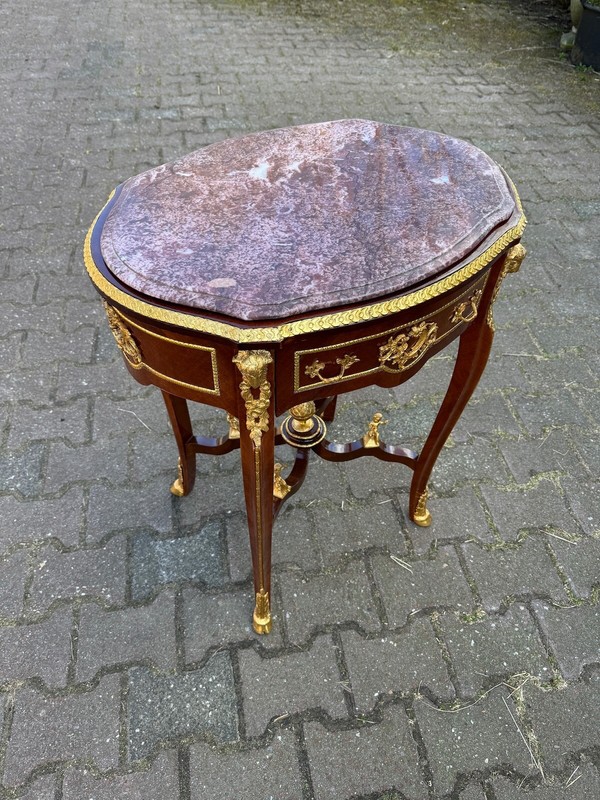 Table Oval Mahogany Louis XVI Marble Top Gilded Bronze French Vintage Decor gallery