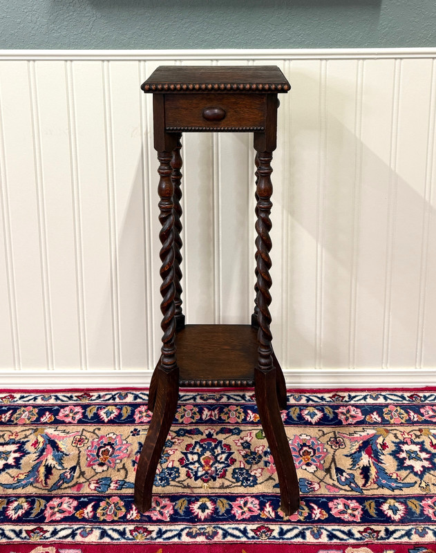 Antique English 4-Post Barley Twist Pedestal Plant Stand Jacobean Oak 39.5" Tall gallery