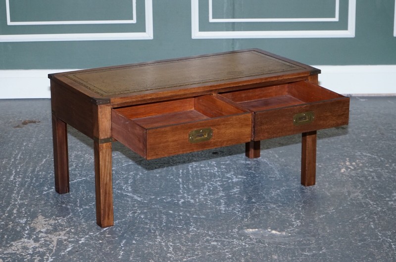 HARRODS LONDON KENNEDY MILITARY CAMPAIGN COFFEE TABLE WITH BROWN LEATHER TOP gallery