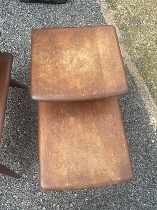 MCM Haywood Wakefield Pair 2 Tier Side Tables Orig Finish Curved Legs 60s gallery