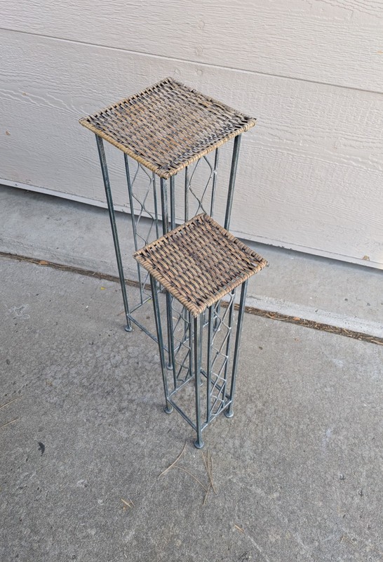 Vintage Set 2x Rustic Shabby Chic Wrought Iron Wicker Rattan Plant Stand Tables gallery