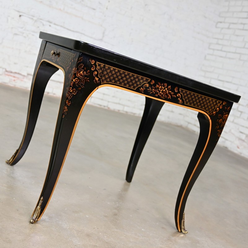 1982 Drexel Heritage ET Cetera Chinoiserie End Table Black & Burl with Ormolu gallery