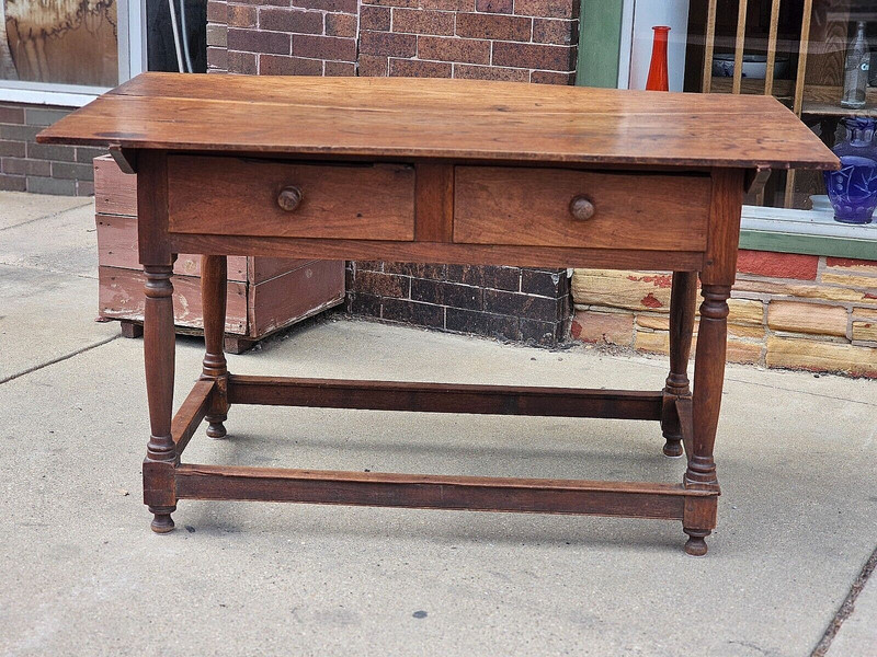 Antique American Primitive 17 /18 century Work Library double drawer table