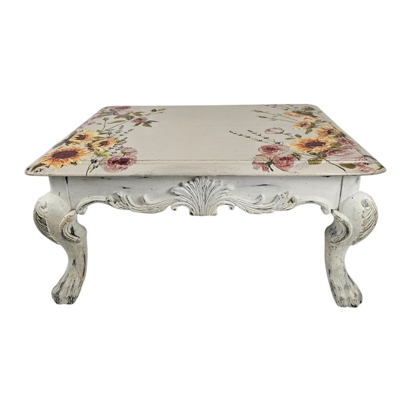 Vintage Wooden Coffee Table Rose Sunflower Graphics French Country Cottagecore