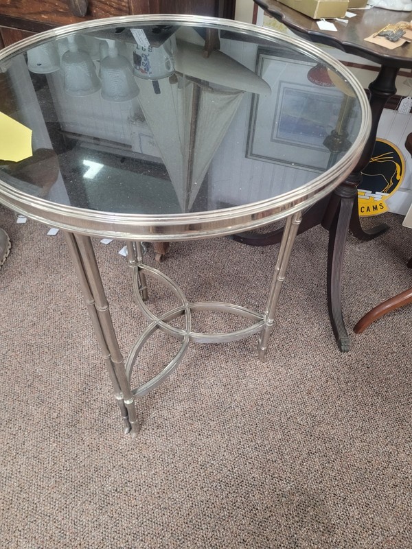 Vintage Chrome Nickel & Marble Round Faux Bamboo Table Hollywood Regency MCM