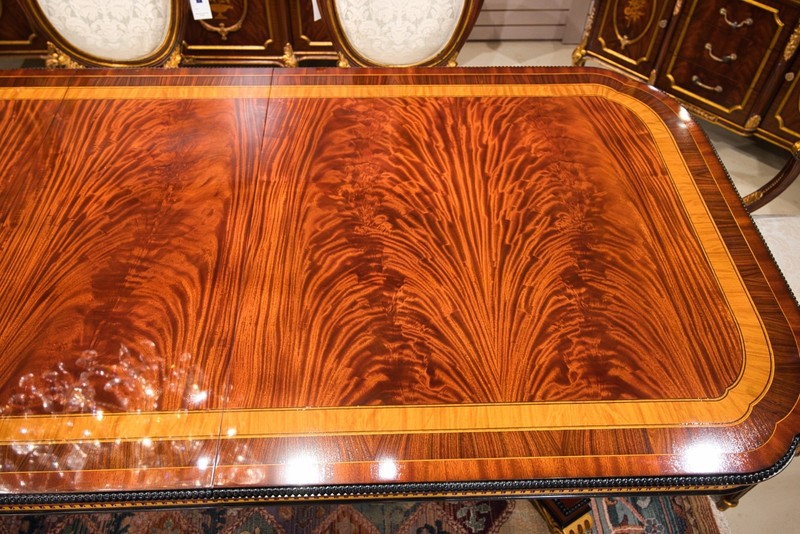 10' Heavy traditional flamed mahogany 2 pedestal formal dining table gold accent gallery