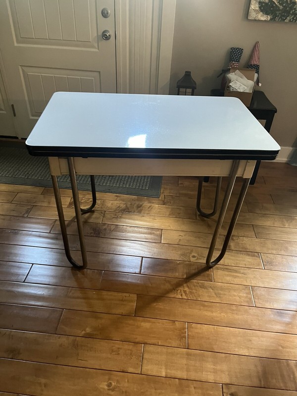 Vintage Porcelain Enamel Top Kitchen Extension Retractable Leaf Table Expandable gallery