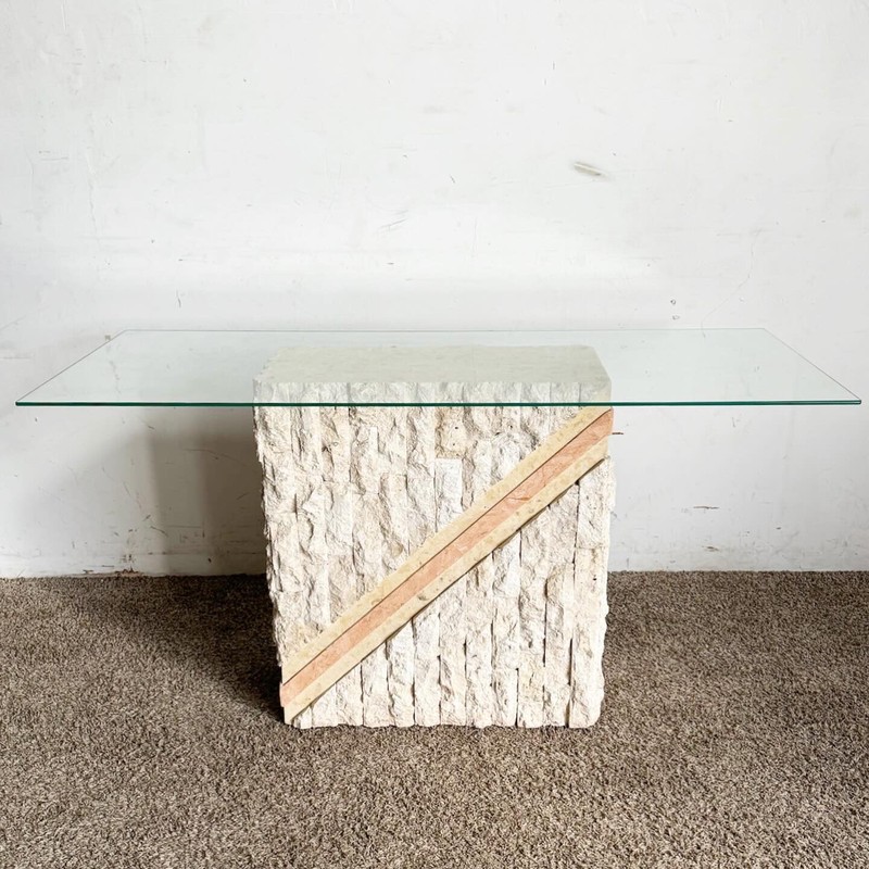 Postmodern Tessellated Pink and Beige Stone Glass Top Console Table gallery