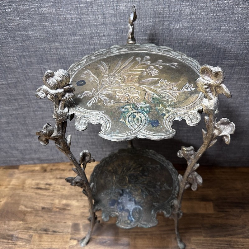 ANTIQUE ART NOUVEAU 2-TIER FLORAL ORNATE CAST BRASS PLANT STAND TABLE 28" gallery