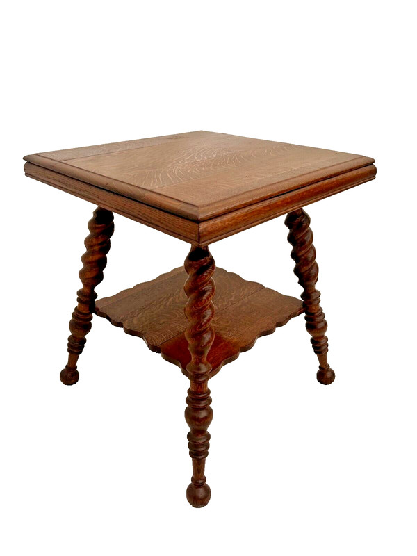Antique Victorian Table bottom shelf Tiger Oak Thick Barley Twist legs Ball feet gallery