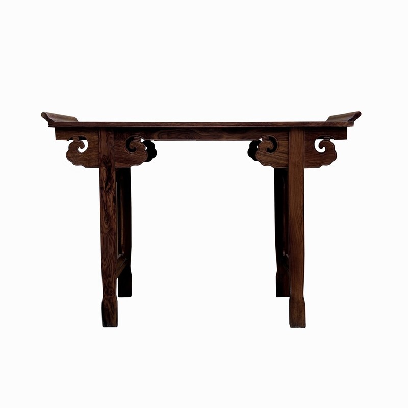 Chinese Brown Natural Wood Point Edge RuYi Apron Altar Console Table cs7730