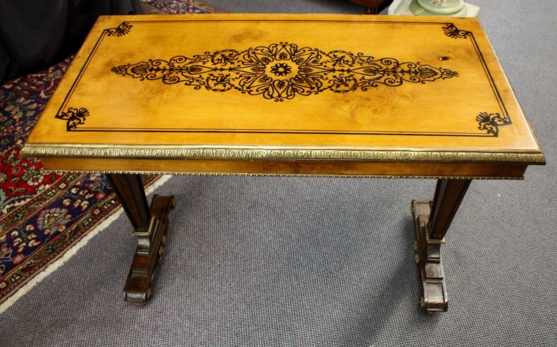 French Satinwood Table: Console, Foyer, Library, Sofa. Marquetry Inlay. 1940s
