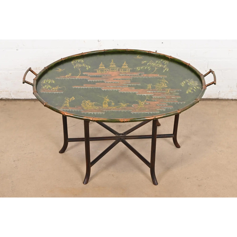 Baker Furniture Style Hollywood Regency Chinoiserie Faux Bamboo Coffee Table
