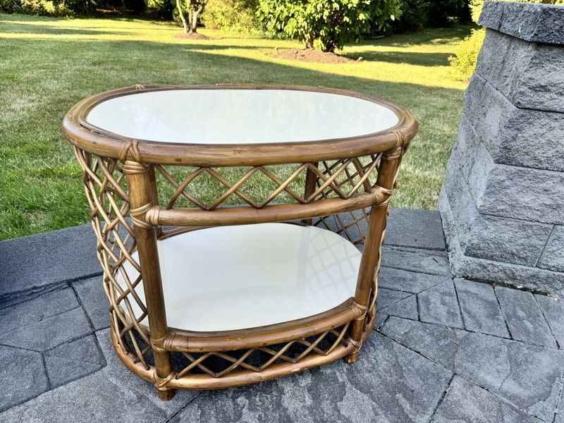 VTG MCM Bamboo Rattan 2 Tier Cocktail Coffee Table W/Formica Top L25xH22xW18”