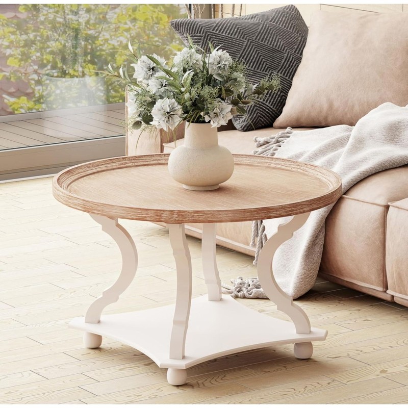 COZAYH Round Rustic Coffee Table Wood Tray Top Accent Centerpiece Storage, White gallery