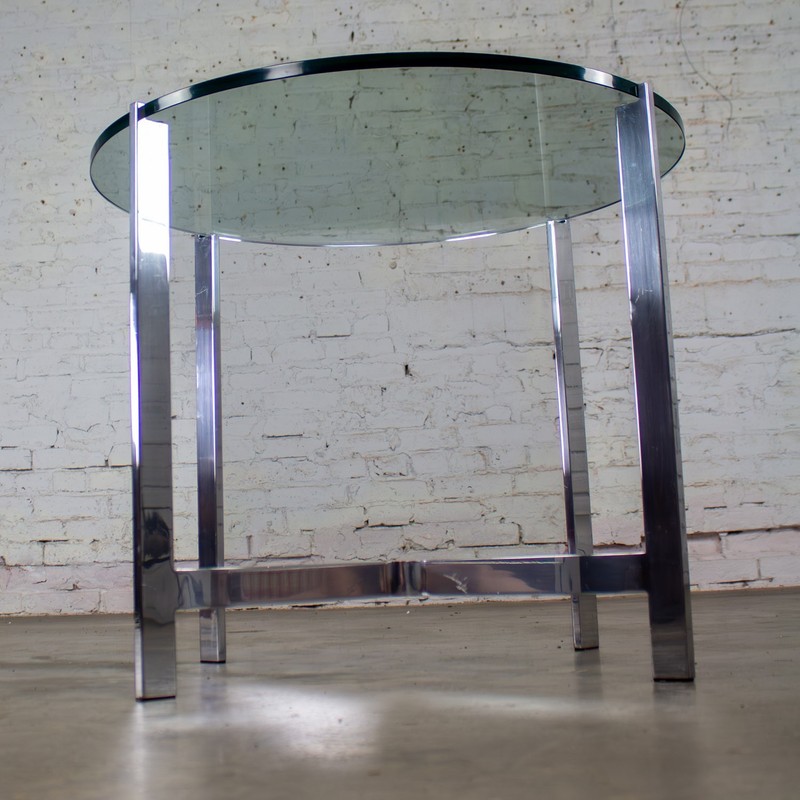 MCM to Modern End or Side Table Polished Solid Aluminum Base & Round Glass Top gallery