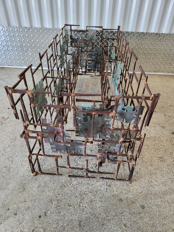 70'S SILAS SEANDEL WELDED NAIL AND COPPER CUT OUT COFFEE TABLE SIGNED NO GLASS gallery