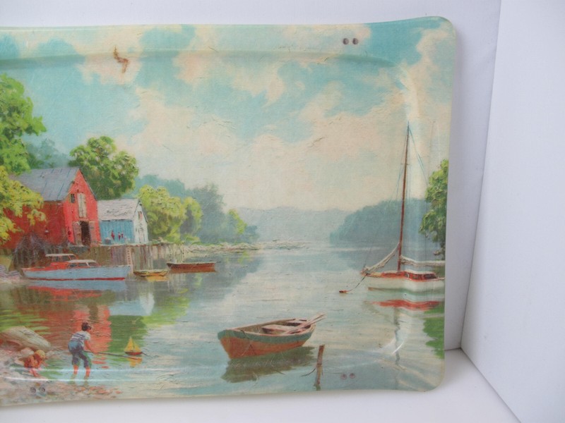 Quaker Industries vintage snack table fiberglass barn country scene tray restor gallery