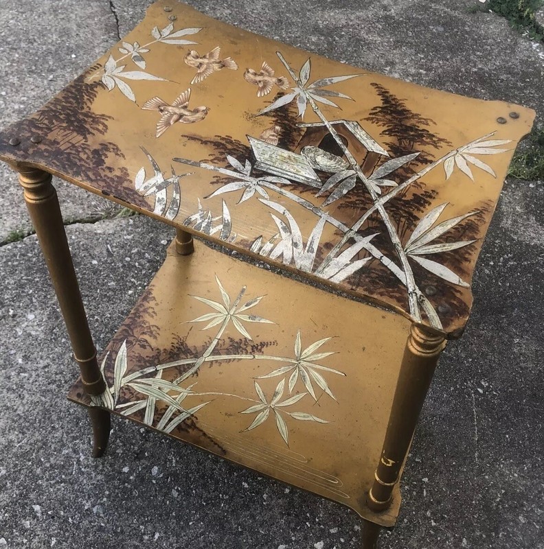 Antique Chinoiserie Wood Table Chinese 2 Tier Bamboo & Birds