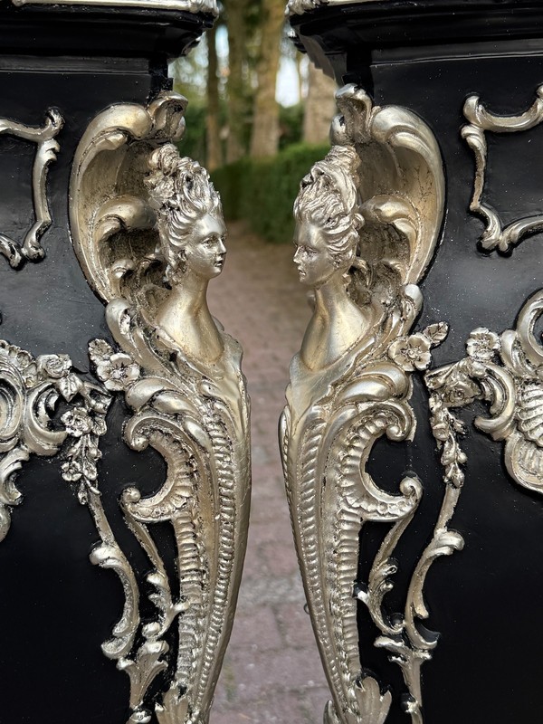 Pedestals Pair Italian Baroque Black Silver Marble Effect Stands VTG gallery