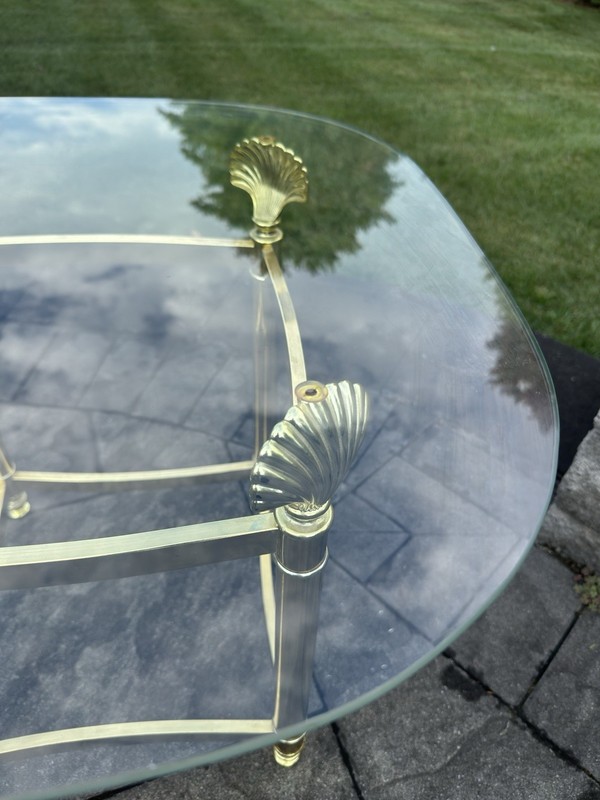 MCM Gold Lacquered Brass Shell Scallops End Table W/ Glass Top Coastal Regency gallery