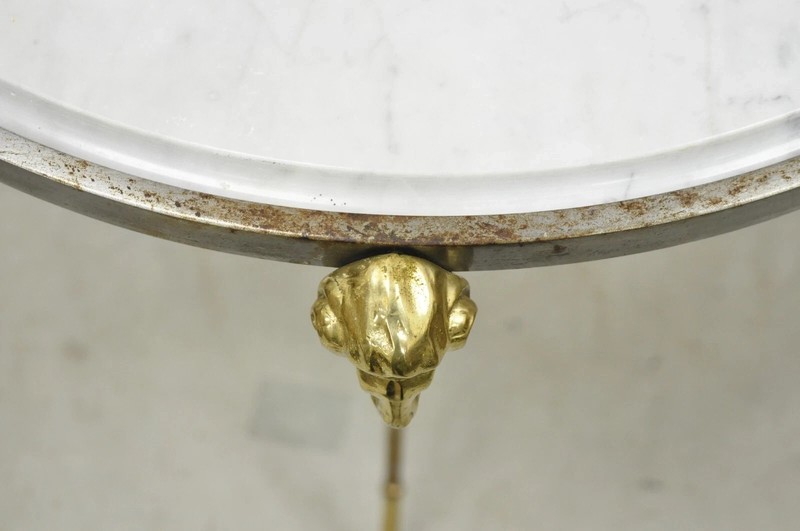 Italian Neoclassical Brass Rams Head Round Marble Steel Gueridon Side Table gallery