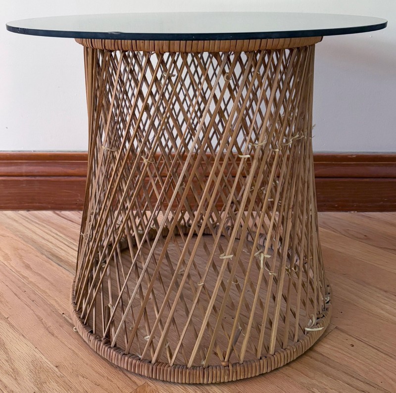 Vintage 1970s Smoked Glass Round End Table with Wicker Rattan Drum Base gallery