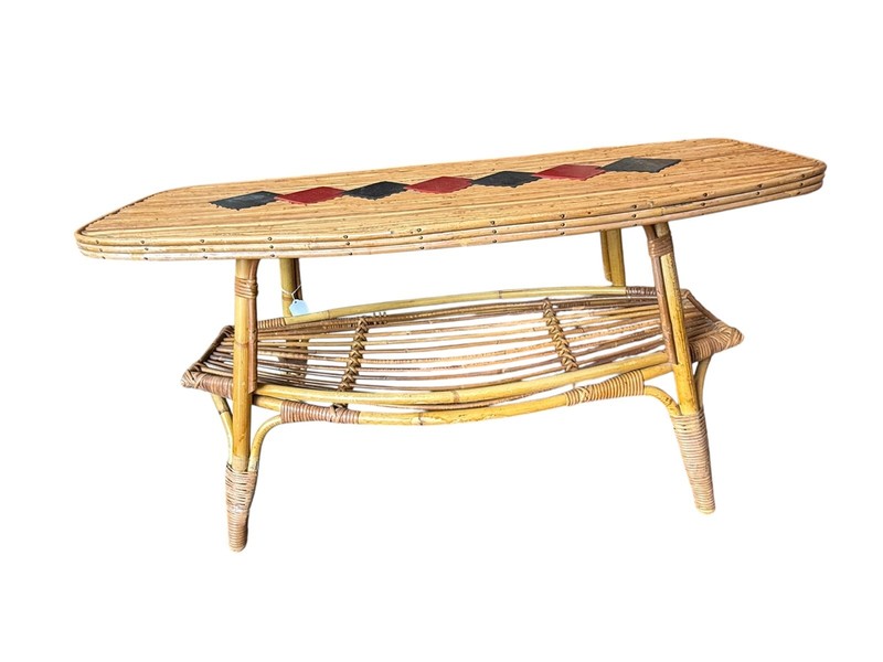 French vintage Bamboo Coffee Table – Two-Tier Surfboard Shape with Graphic inlay gallery