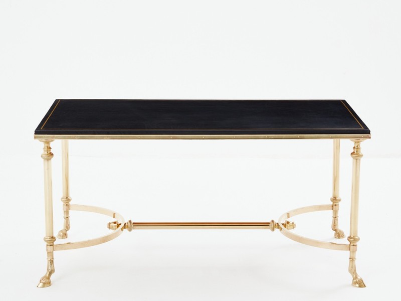 Maison Charles neoclassical coffee table brass black leather 1970s