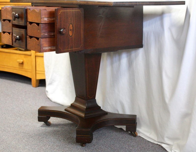 Antique Mahogany SEWING WORK SIDE TABLE.Drop-Leaf Sides. Inlaid Doors + Pulls. gallery