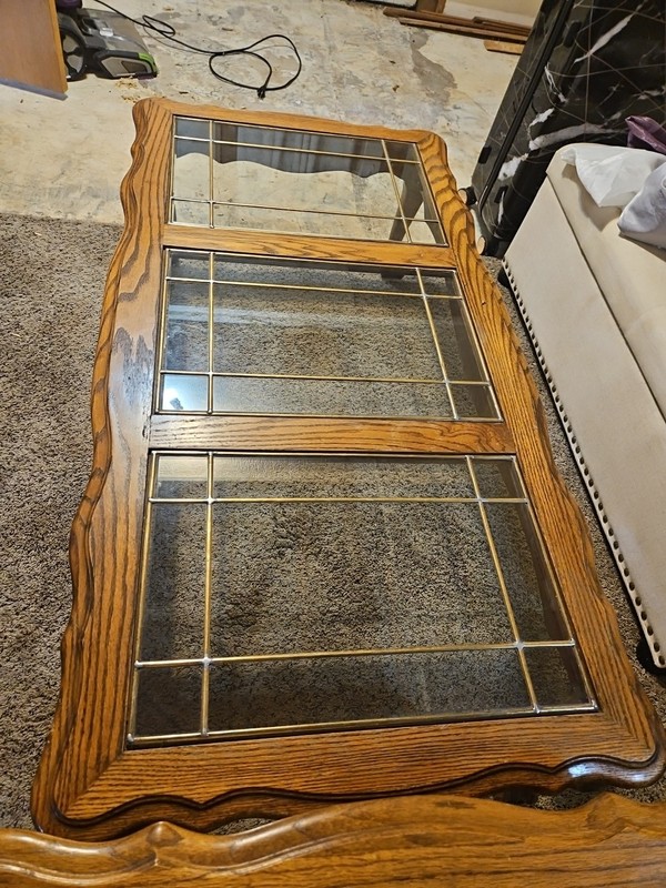 Beautiful 3 Piece Oak with Inlay Glass Top Tables gallery