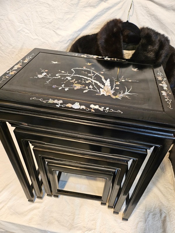 Vintage Black Nesting Tables with Mother of Pearl Inlay