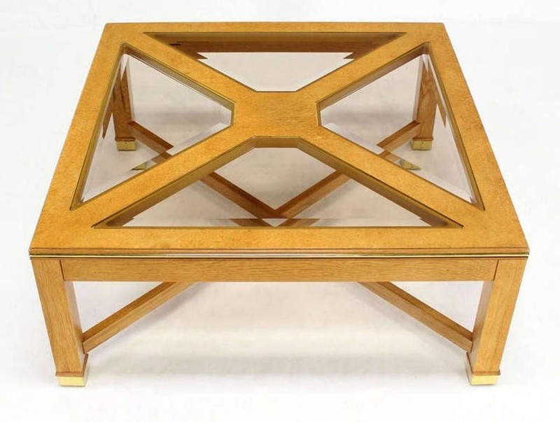 Beveled Smoked Glass Bird's-Eye Maple Brass Square Legs Coffee Table MINT! gallery