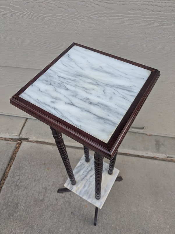 Vintage Marble Top 2-Tier Pedestal Table Bobbin Turned Wood Legs Victorian H63 gallery