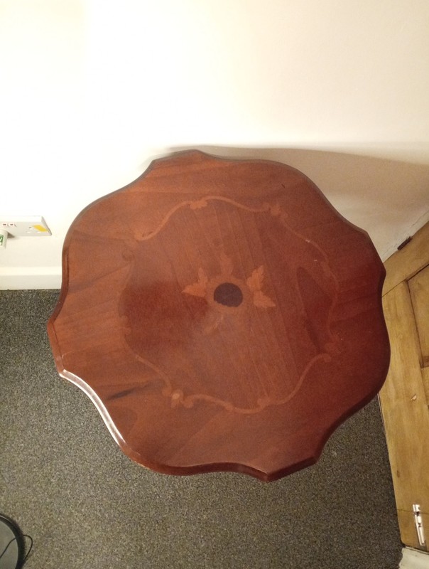 Vintage Coffee Table Inlaid Flower Design Mahogany Antique looking 3-Legs Table gallery