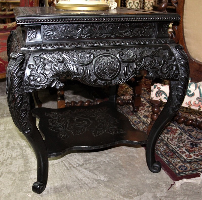 Antique European Highly Carved Victorian Mahogany Side Table W Shelf Circa 1890 gallery