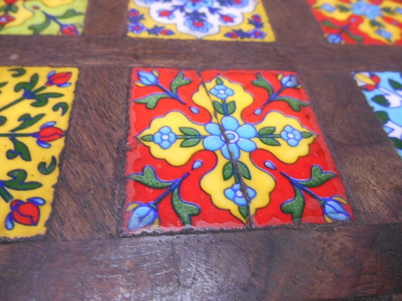 Wooden Chowki Handmade Table Top Riser Monterrey Style Colored Tiles. 15"x15" gallery