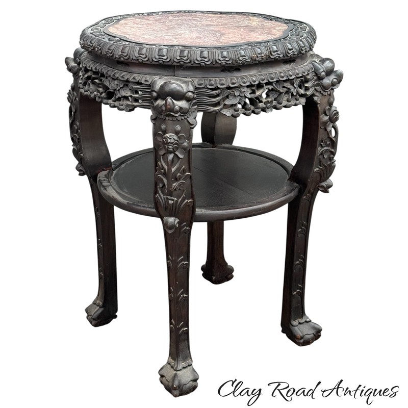 Antique large Chinese rosewood rose marble top stand center table carved 1880 gallery