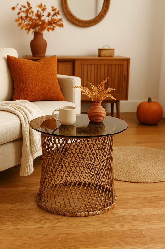 Vintage 1970s Smoked Glass Round End Table with Wicker Rattan Drum Base gallery
